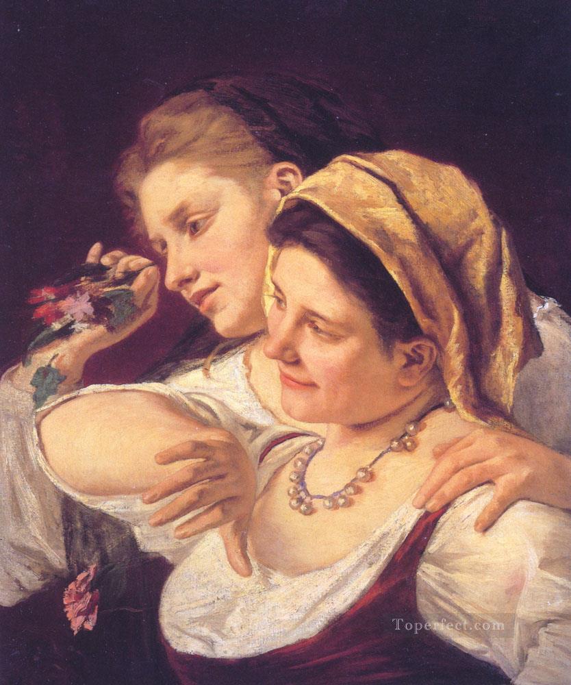花を投げる二人の女性 母親と子供たち メアリー・カサット油絵